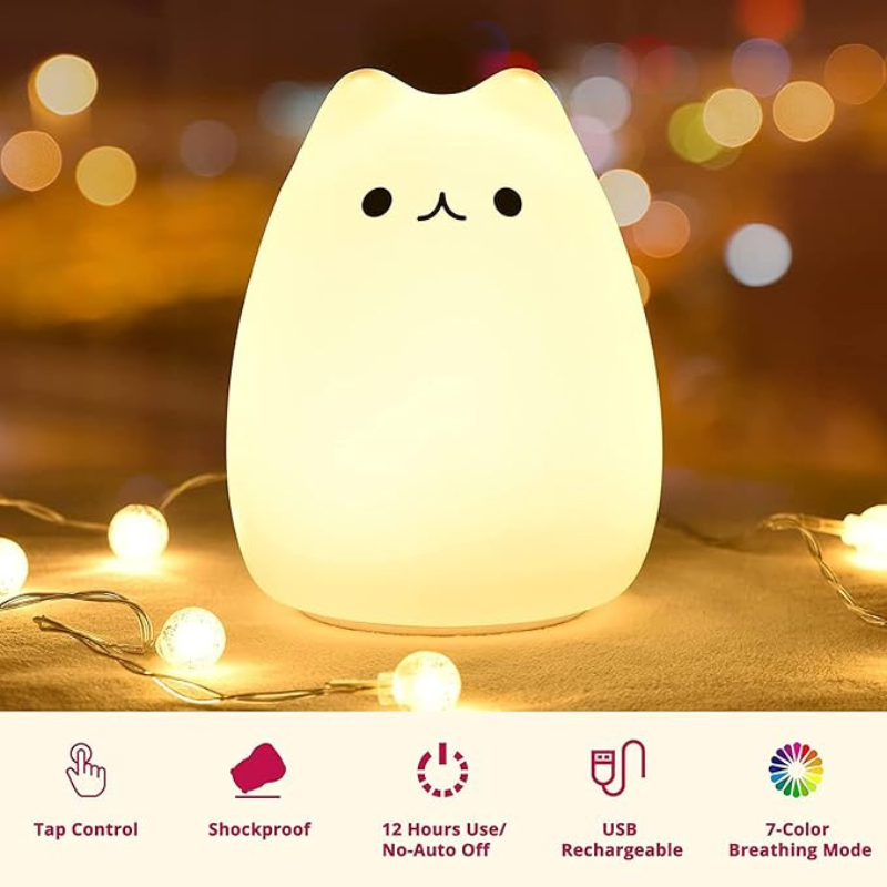Thrifty 999 Rechargeable Cat Night Light – Cute Silicone Cat Lamp with Warm White & 7-Color Breathing Modes | USB/Battery Powered | Nursery Nightlight for Kids, Babies & Gifts