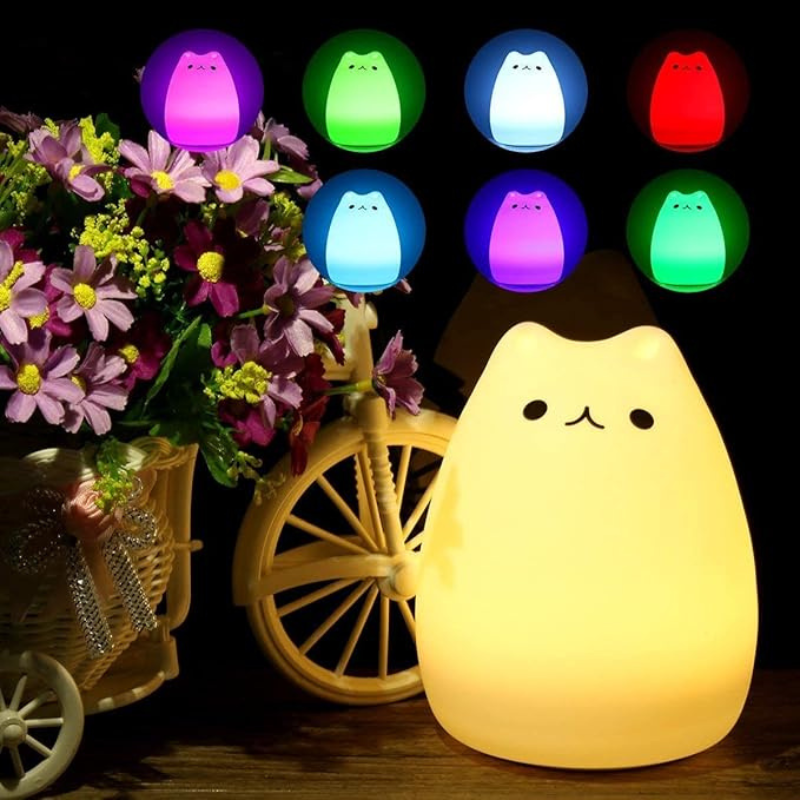 Thrifty 999 Rechargeable Cat Night Light – Cute Silicone Cat Lamp with Warm White & 7-Color Breathing Modes | USB/Battery Powered | Nursery Nightlight for Kids, Babies & Gifts