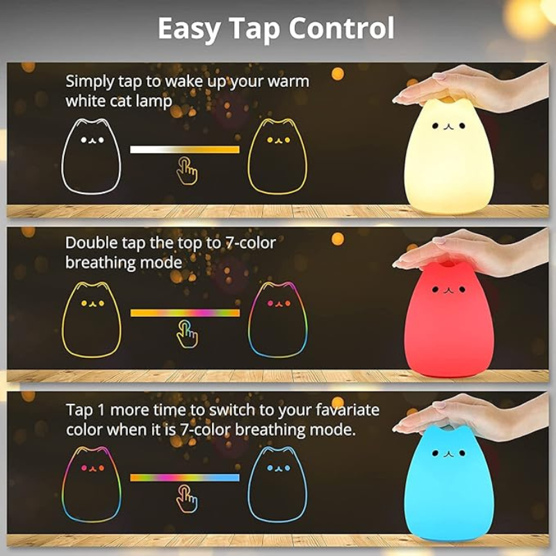 Thrifty 999 Rechargeable Cat Night Light – Cute Silicone Cat Lamp with Warm White & 7-Color Breathing Modes | USB/Battery Powered | Nursery Nightlight for Kids, Babies & Gifts