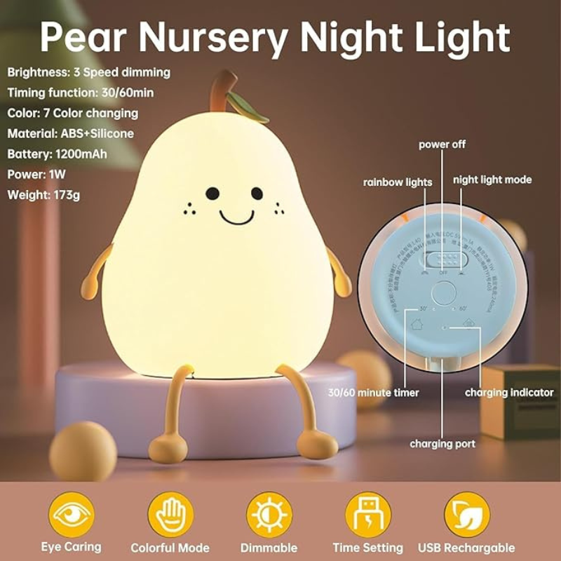 thrifty 999 Cute Pear LED Night Light – 7-Color Rechargeable Lamp for Kids